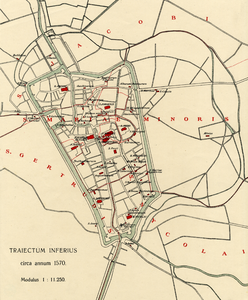 212086 Plattegrond van de stad Utrecht met directe omgeving; met weergave van het stratenplan, watergangen, kerken, ...